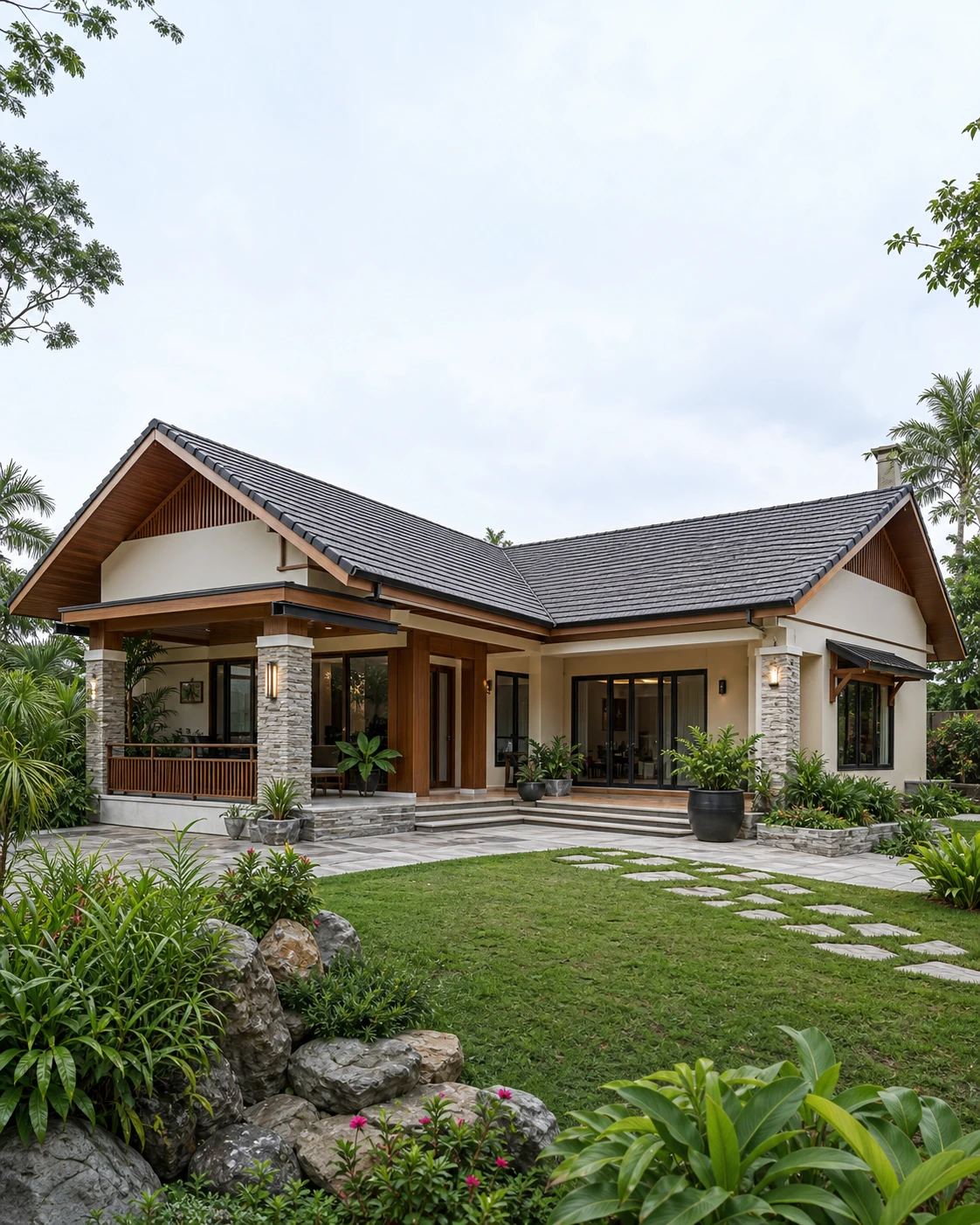 Nhà cấp 4 chữ L mái Thái hiện đại
