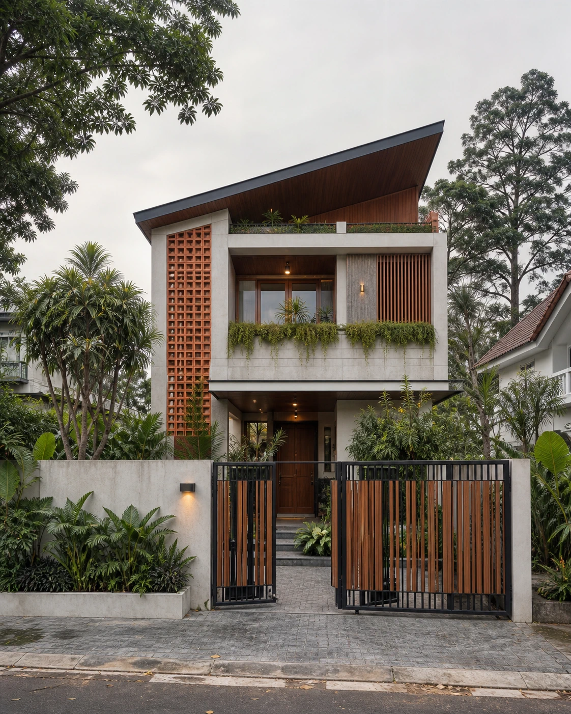 Nhà phố 2 tầng mái lệch phong cách Tropical