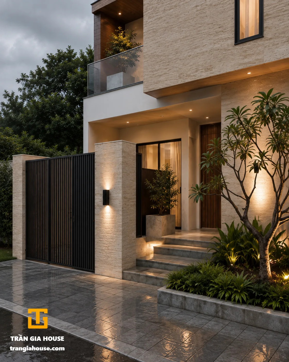 Nhà phố 2 tầng hiện đại – mặt tiền đá sáng kết hợp gỗ - ảnh thu nhỏ 3